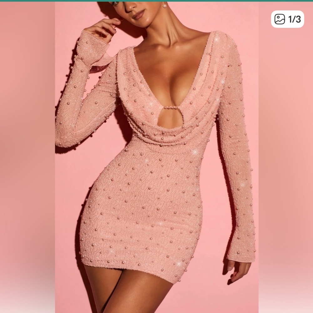 Oh Polly Blush Pink Pearl-Embellished Long Sleeve Mini Dress